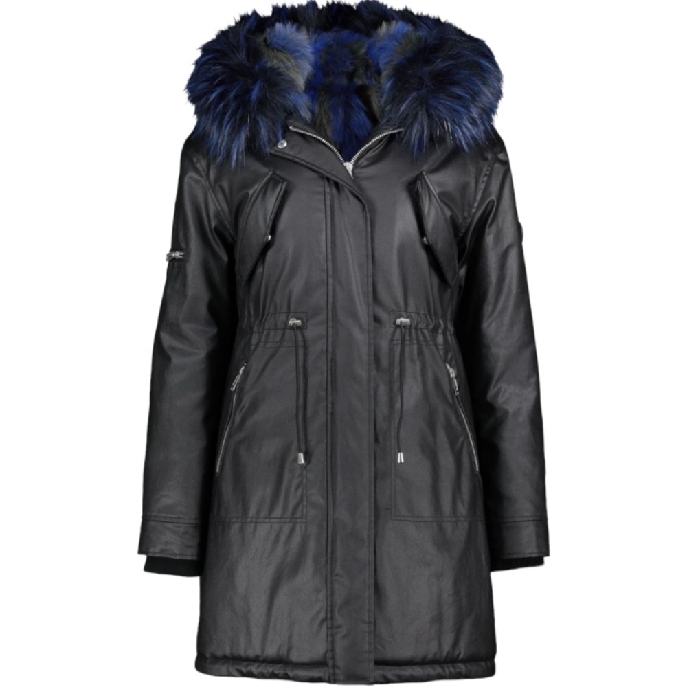 Noize Coated Faux Fur Jolie Parka Winter Jacket in Black & Cobalt Blue